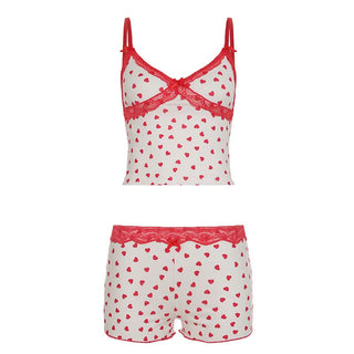 Lace hem v neck bowknot heart print cami pant set