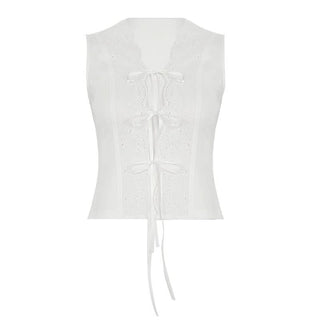 Self tie hollow out v neck ribbed solid cut out top