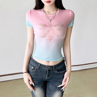 Crewneck short sleeve gradient print top