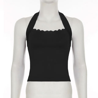 Halter self tie lace hem backless solid top