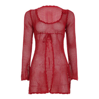 Long sleeve hollow out self tie round neck cut out top