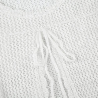 Long sleeve hollow out self tie round neck cut out top