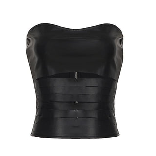 Hollow out zip-up PU leather tube cut out top