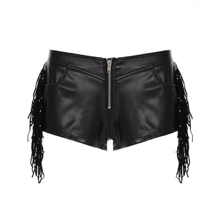 PU leather zip-up tassels pocket short pant