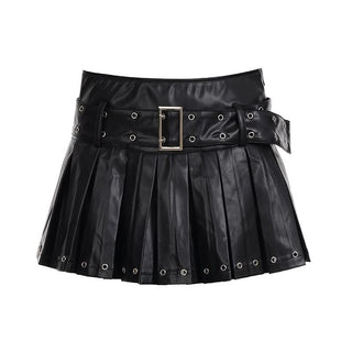 Pleated PU leather A line belt mini skirt