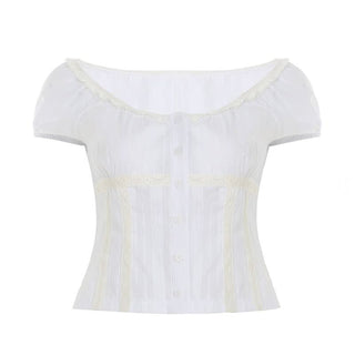 Short sleeve button ruched round neck top