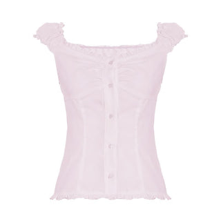 Ruffle button striped puff sleeve ruched top