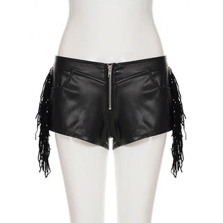 PU leather zip-up tassels pocket short pant