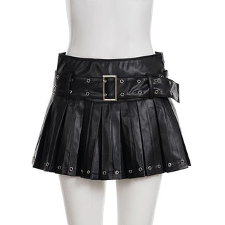 Pleated PU leather A line belt mini skirt