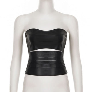 Hollow out zip-up PU leather tube cut out top