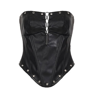 Zip-up hollow out PU leather corset tube cut out top
