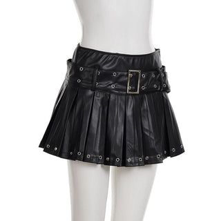 Pleated PU leather A line belt mini skirt