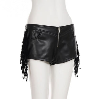 PU leather zip-up tassels pocket short pant