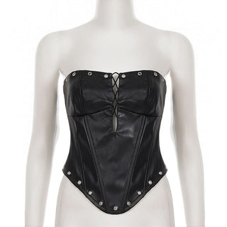 Zip-up hollow out PU leather corset tube cut out top