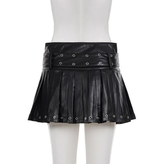 Pleated PU leather A line belt mini skirt