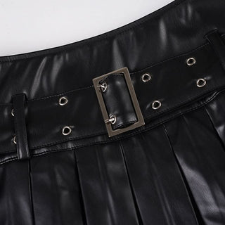 Pleated PU leather A line belt mini skirt