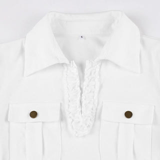 Ruffle turnover collar short sleeve pocket top