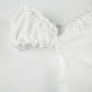 Ruffle button striped puff sleeve ruched top