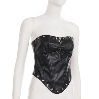 Zip-up hollow out PU leather corset tube cut out top