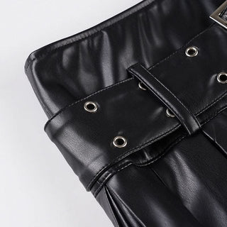 Pleated PU leather A line belt mini skirt