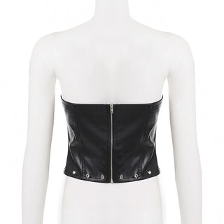 Zip-up hollow out PU leather corset tube cut out top