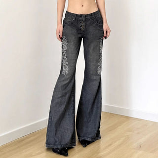 Button pocket abstract low rise wide leg jeans