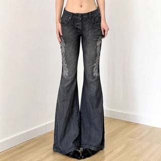 Button pocket abstract low rise wide leg jeans