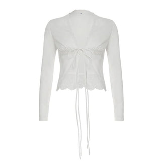 Long sleeve lace hem v neck self tie top