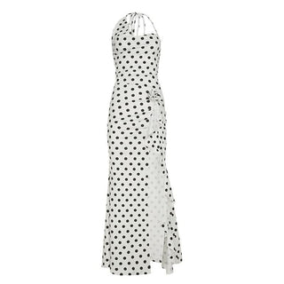 Polka dot halter slit flower applique maxi dress