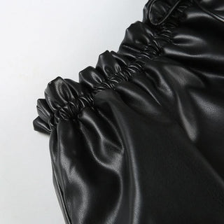 Ruched PU leather ruffle self tie mini skirt