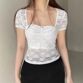 Short sleeve lace ruched square neck top