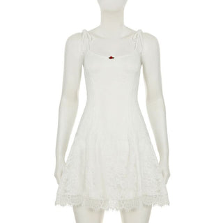 Lace u neck self tie flower applique cami mini dress