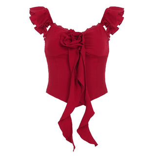 Ruffle v neck lace hem flower applique top