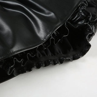 Ruched PU leather ruffle self tie mini skirt