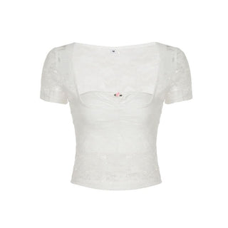 Short sleeve lace ruched square neck top