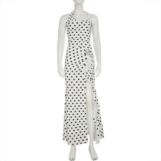 Polka dot halter slit flower applique maxi dress