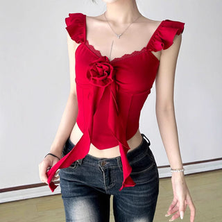 Ruffle v neck lace hem flower applique top