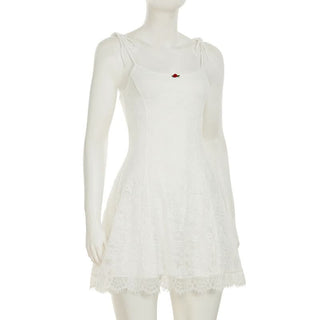 Lace u neck self tie flower applique cami mini dress