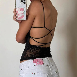 Lace v neck backless spaghetti strap top