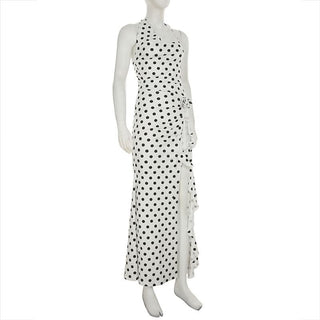 Polka dot halter slit flower applique maxi dress
