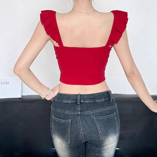 Ruffle v neck lace hem flower applique top