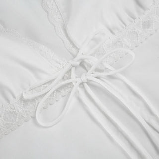 Long sleeve lace hem v neck self tie top