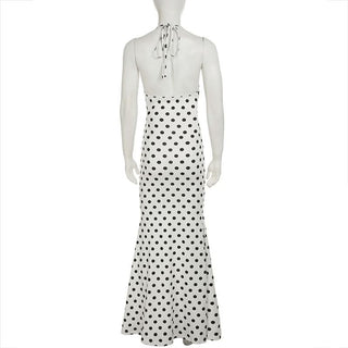 Polka dot halter slit flower applique maxi dress