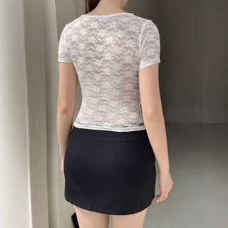 Short sleeve lace ruched square neck top