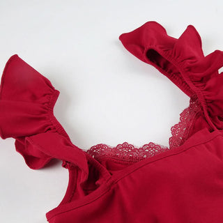 Ruffle v neck lace hem flower applique top