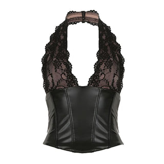 Halter lace PU leather corset v neck top