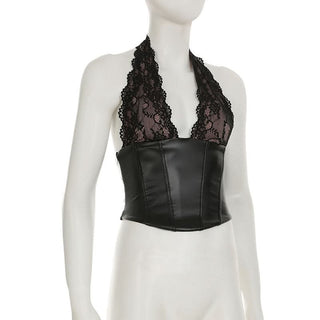 Halter lace PU leather corset v neck top