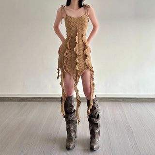 Ruffle v neck textured self tie cami mini dress