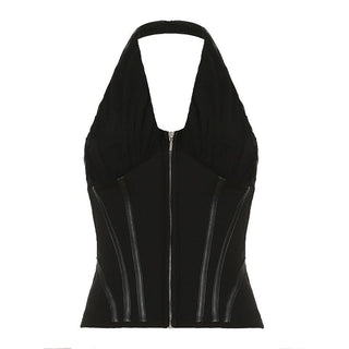 Halter zip-up mesh corset backless top