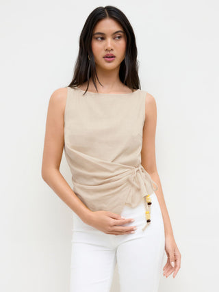 Linen-blend Beaded Knotted Ruched Tank Top